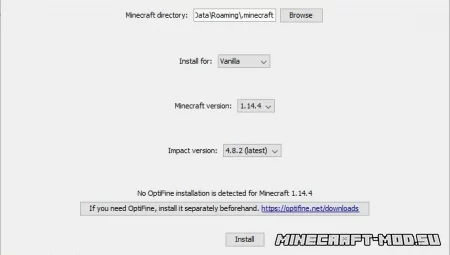 Окно установки чита Impact для Майнкрафт 1.14.4